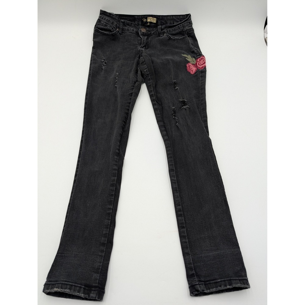 Suzanne Betro Denim Girls Black Distressed Rose Floral Jeans Size 10 Excellent